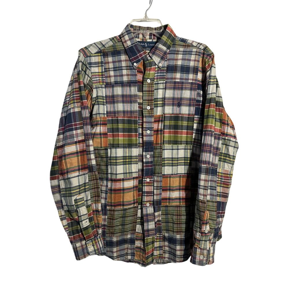 VTG Ralph Lauren Madras Patchwork LS Button Down Shirt Custom Fit Large Y2K